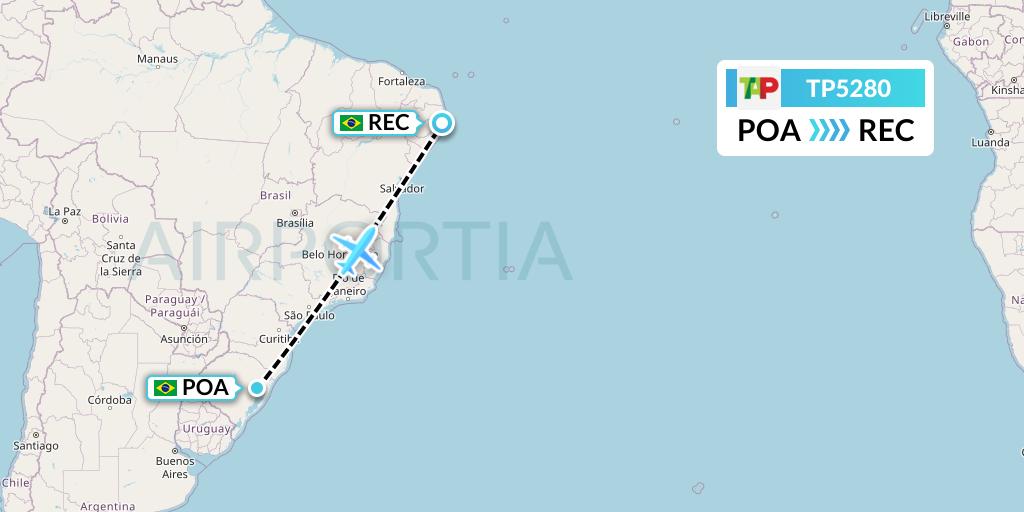 TP5280 TAP Portugal Flight Map: Porto Alegre to Recife