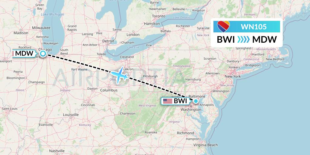 WN105 Southwest Airlines Flight Map: Baltimore to Chicago