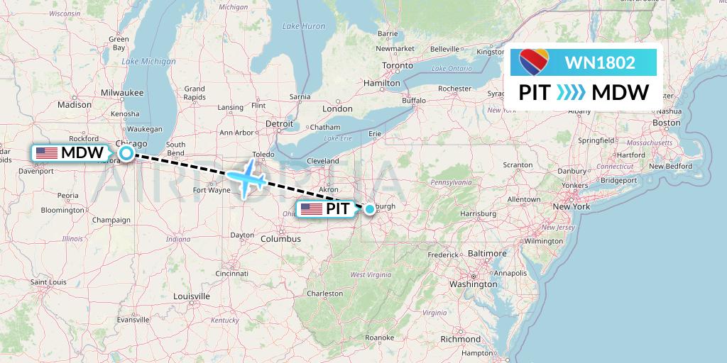 WN1802 Southwest Airlines Flight Map: Pittsburgh to Chicago