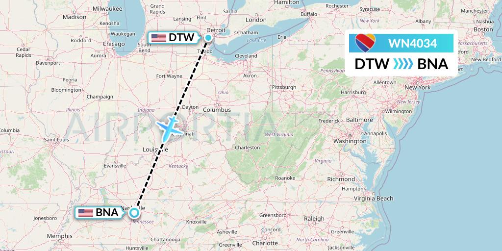 WN4034 Southwest Airlines Flight Map: Detroit to Nashville