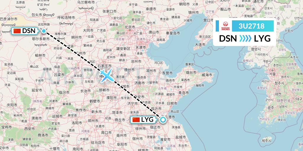 3U2718 Sichuan Airlines Flight Map: Dongsheng to Lianyungang