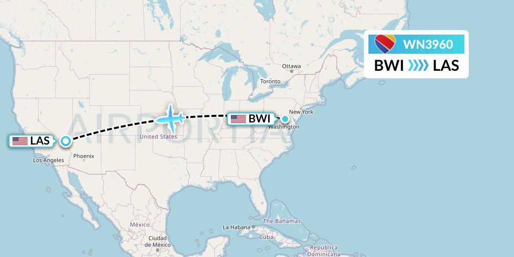 WN3960 Southwest Airlines Flight Map: Baltimore to Las Vegas