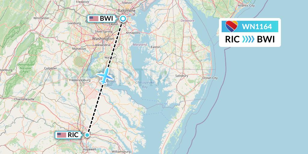 WN1164 Southwest Airlines Flight Map: Richmond to Baltimore