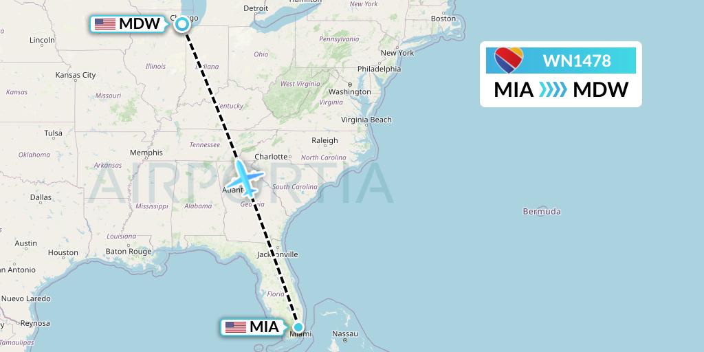 WN1478 Southwest Airlines Flight Map: Miami to Chicago