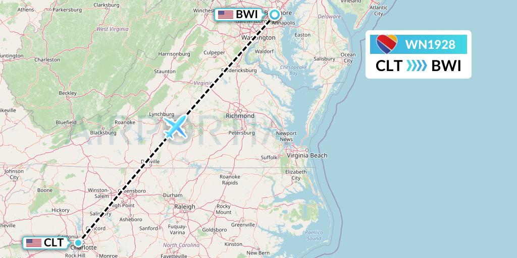 WN1928 Southwest Airlines Flight Map: Charlotte to Baltimore