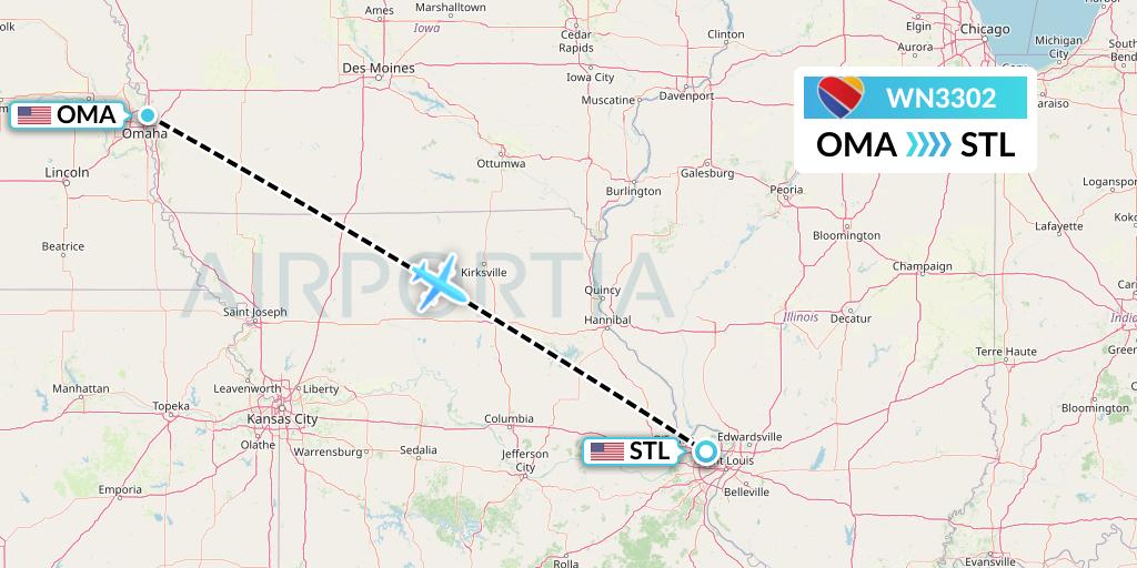 WN3302 Southwest Airlines Flight Map: Omaha to St. Louis