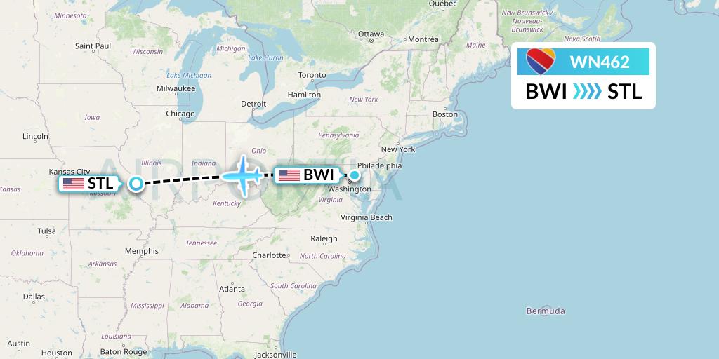 WN462 Southwest Airlines Flight Map: Baltimore to St. Louis