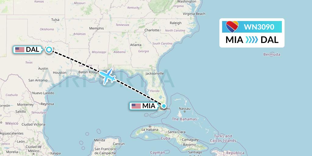 WN3090 Southwest Airlines Flight Map: Miami to Dallas
