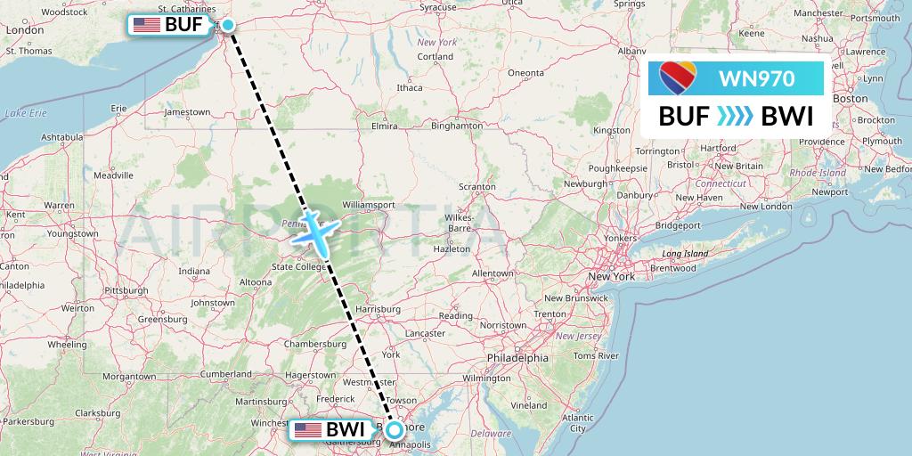 WN970 Southwest Airlines Flight Map: Buffalo to Baltimore
