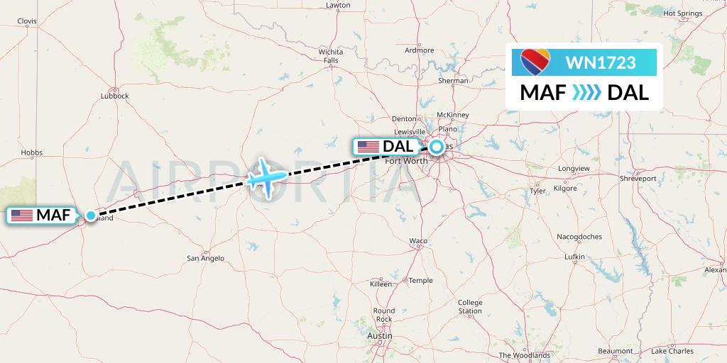 WN1723 Southwest Airlines Flight Map: Midland to Dallas