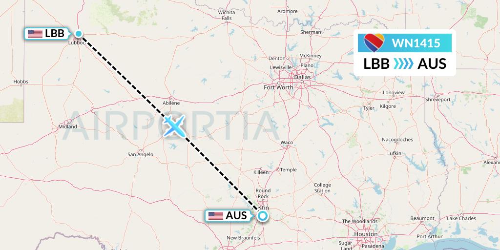 WN1415 Southwest Airlines Flight Map: Lubbock to Austin