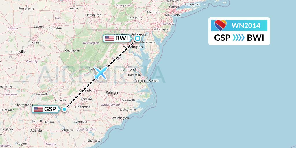 WN2014 Southwest Airlines Flight Map: Greenville-Spartanburg to Baltimore