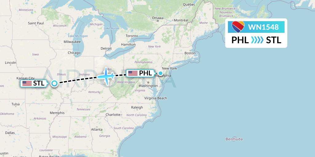 WN1548 Southwest Airlines Flight Map: Philadelphia to St. Louis