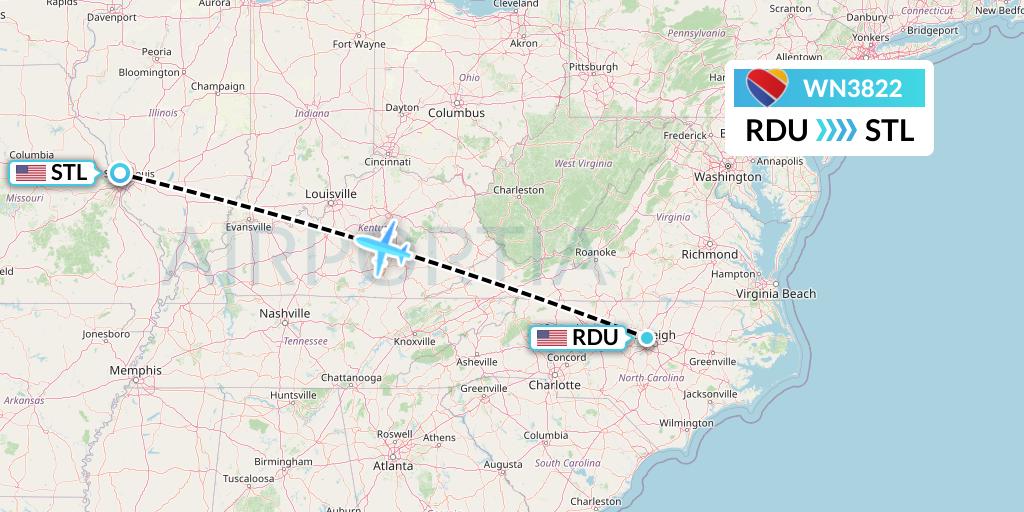 WN3822 Southwest Airlines Flight Map: Raleigh-Durham to St. Louis