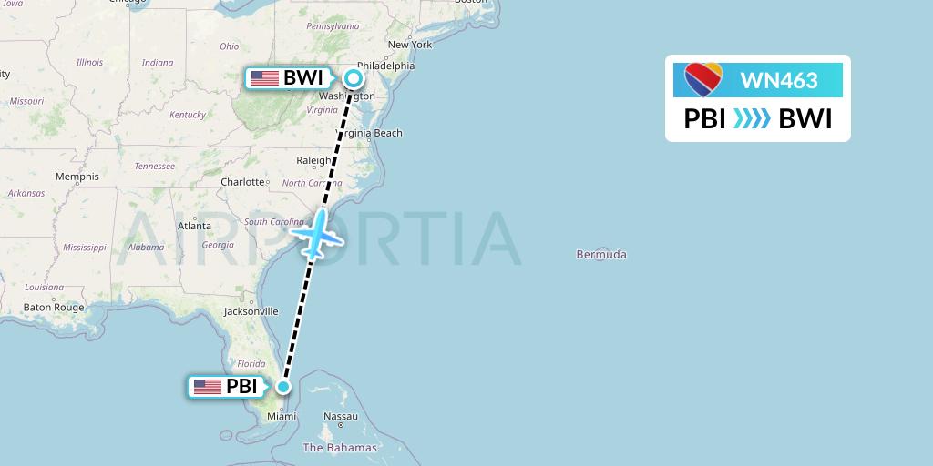 WN463 Southwest Airlines Flight Map: West Palm Beach to Baltimore