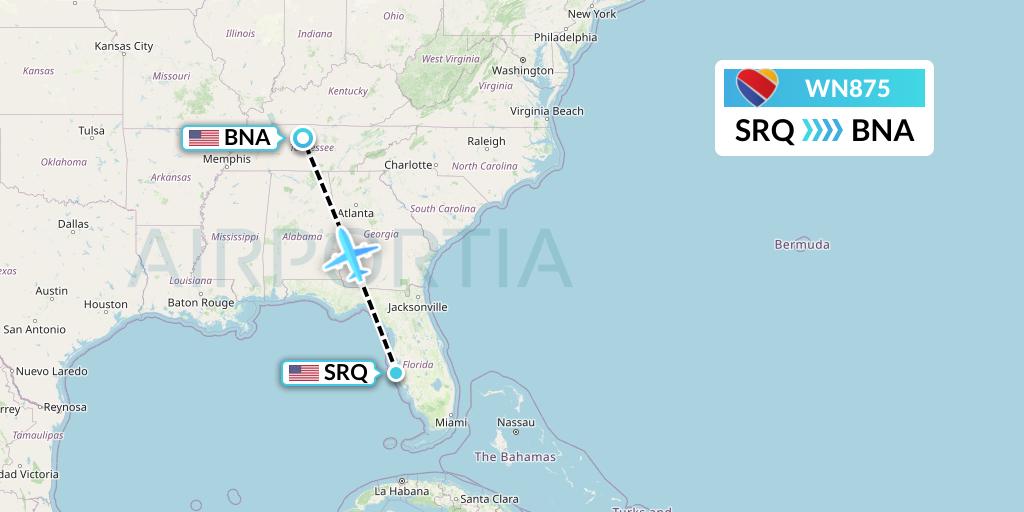 WN875 Southwest Airlines Flight Map: Sarasota to Nashville