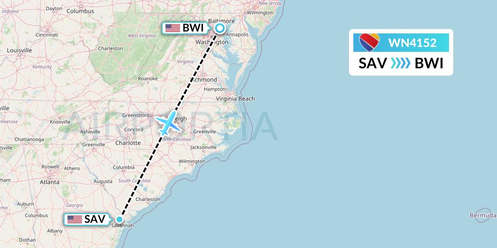 WN4152 Southwest Airlines Flight Map: Savannah to Baltimore