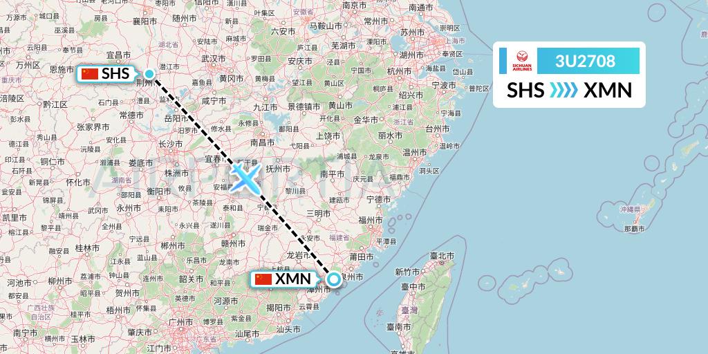 3U2708 Sichuan Airlines Flight Map: Shashi to Xiamen