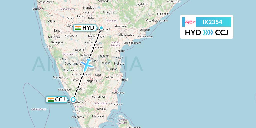 IX2354 Air India Express Flight Map: Hyderabad to Kozhikode