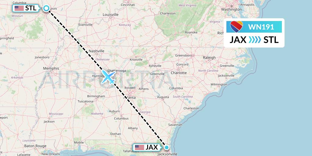 WN191 Southwest Airlines Flight Map: Jacksonville to St. Louis