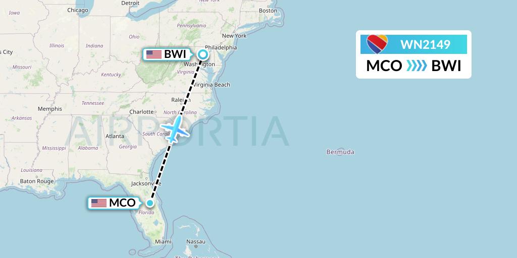 WN2149 Southwest Airlines Flight Map: Orlando to Baltimore