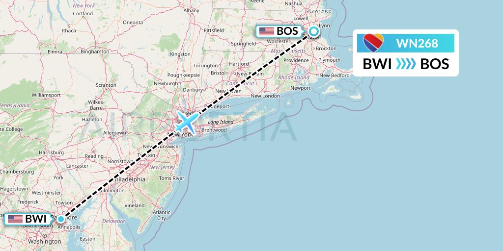 WN268 Southwest Airlines Flight Map: Baltimore to Boston