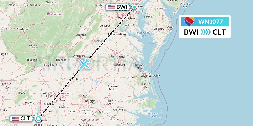 WN3077 Southwest Airlines Flight Map: Baltimore to Charlotte