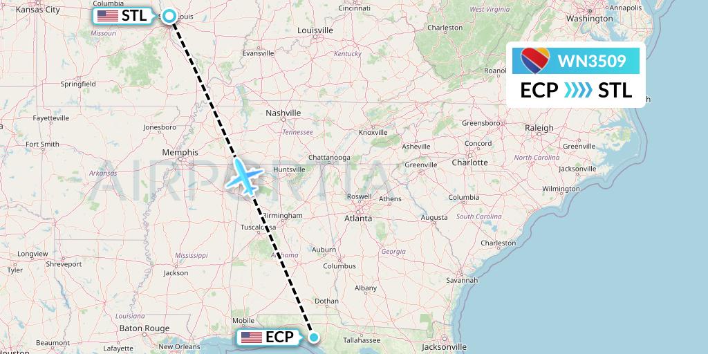 WN3509 Southwest Airlines Flight Map: Panama City to St. Louis