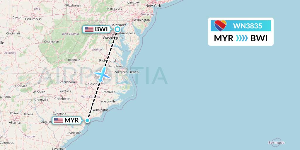 WN3835 Southwest Airlines Flight Map: Myrtle Beach to Baltimore