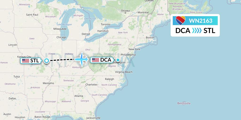 WN2163 Southwest Airlines Flight Map: Washington to St. Louis