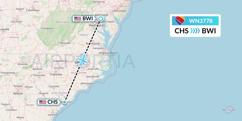 WN3778 Southwest Airlines Flight Map: Charleston to Baltimore