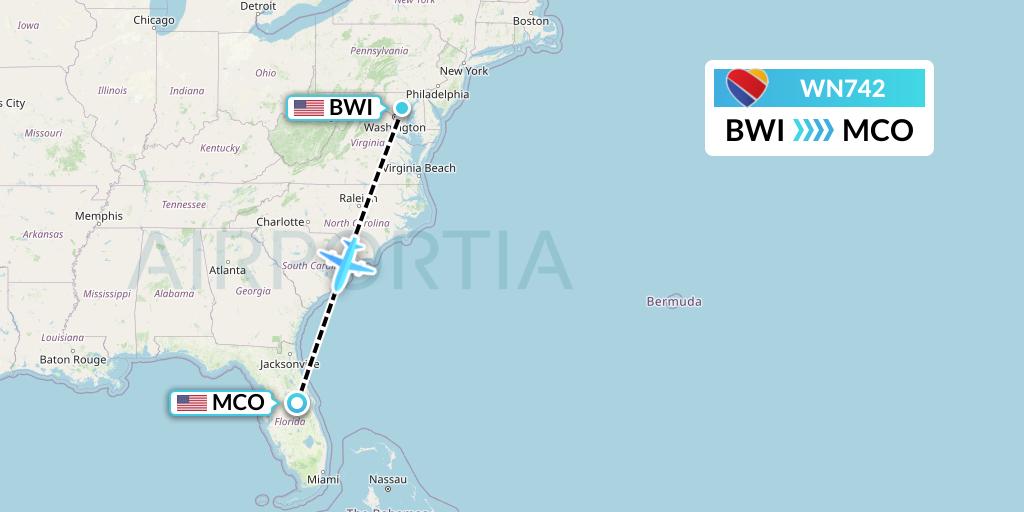 WN742 Southwest Airlines Flight Map: Baltimore to Orlando