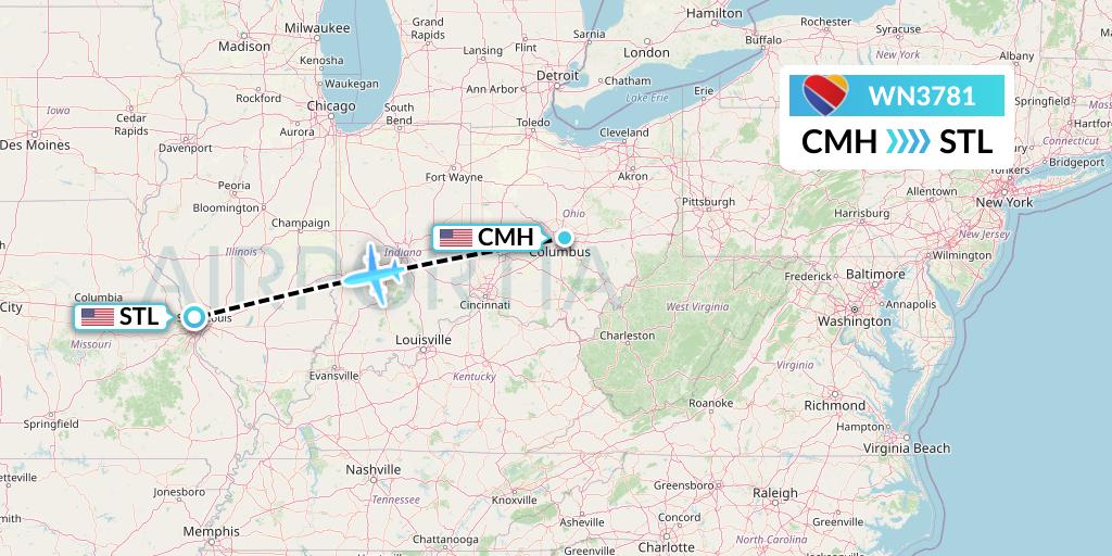 WN3781 Southwest Airlines Flight Map: Columbus to St. Louis
