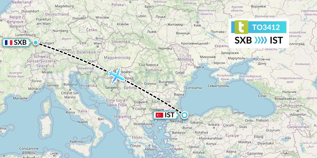 TO3412 Transavia France Flight Map: Strasbourg to Istanbul