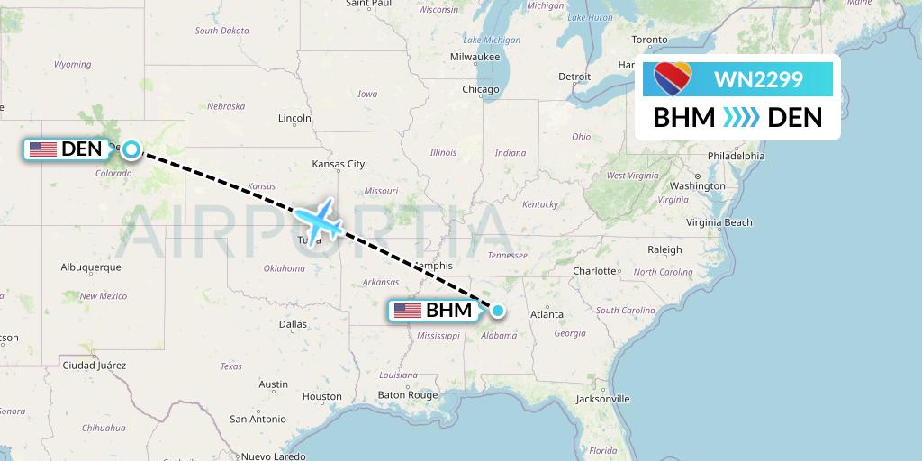 WN2299 Southwest Airlines Flight Map: Birmingham to Denver
