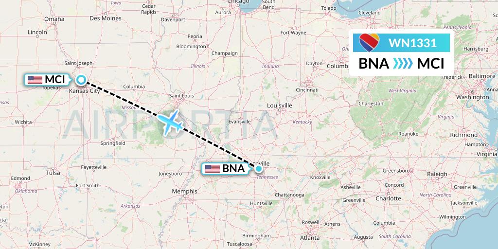 WN1331 Southwest Airlines Flight Map: Nashville to Kansas City