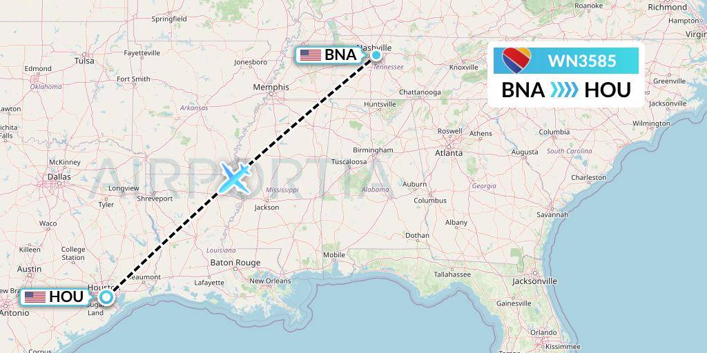 WN3585 Southwest Airlines Flight Map: Nashville to Houston