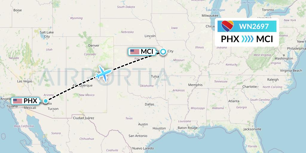 WN2697 Southwest Airlines Flight Map: Phoenix to Kansas City
