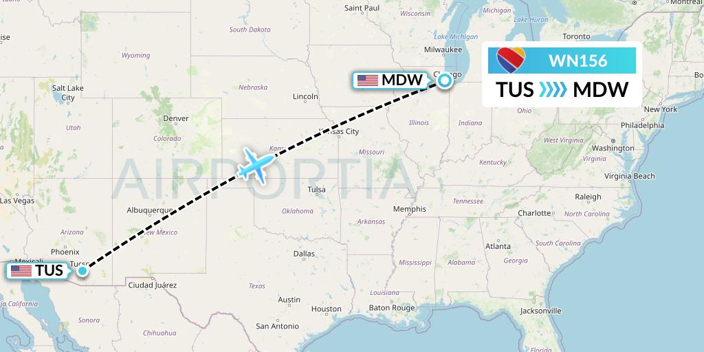 WN156 Southwest Airlines Flight Map: Tucson to Chicago