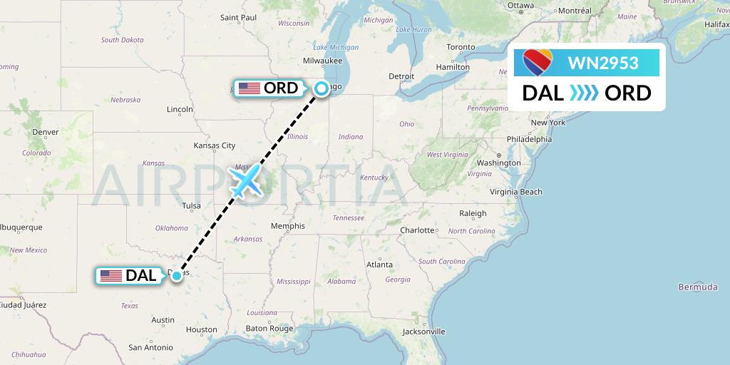 WN2953 Southwest Airlines Flight Map: Dallas to Chicago