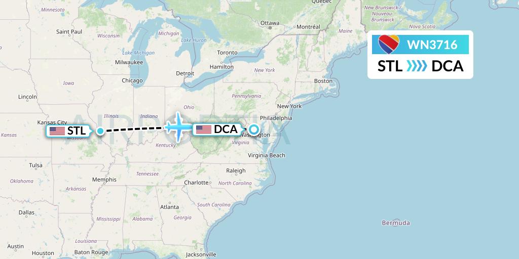 WN3716 Southwest Airlines Flight Map: St. Louis to Washington