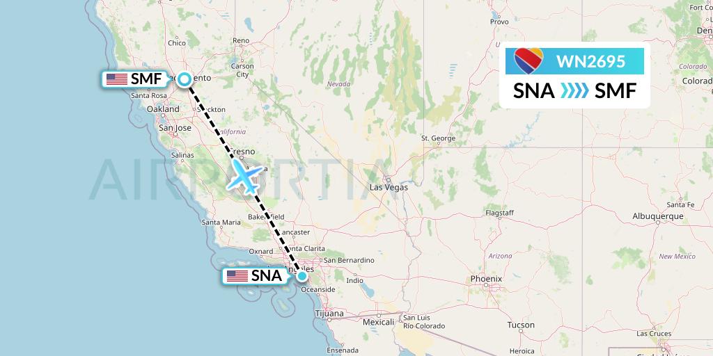 WN2695 Southwest Airlines Flight Map: Orange County to Sacramento