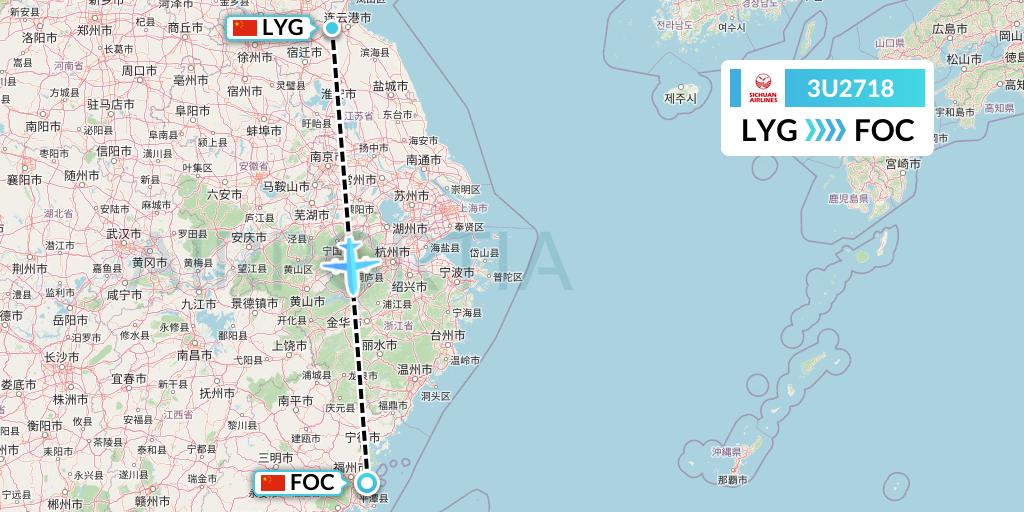 3U2718 Sichuan Airlines Flight Map: Lianyungang to Fuzhou