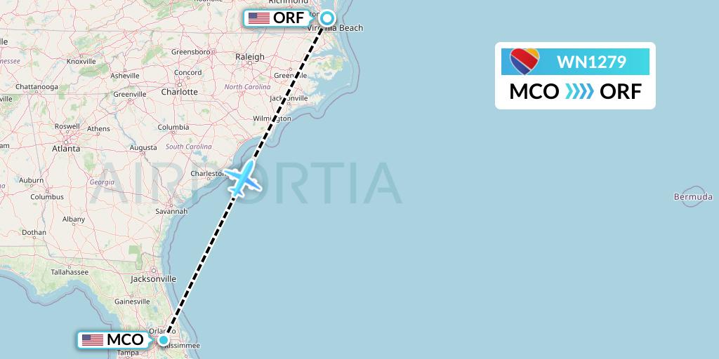 WN1279 Southwest Airlines Flight Map: Orlando to Norfolk
