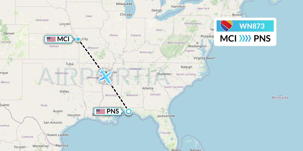 WN873 Southwest Airlines Flight Map: Kansas City to Pensacola
