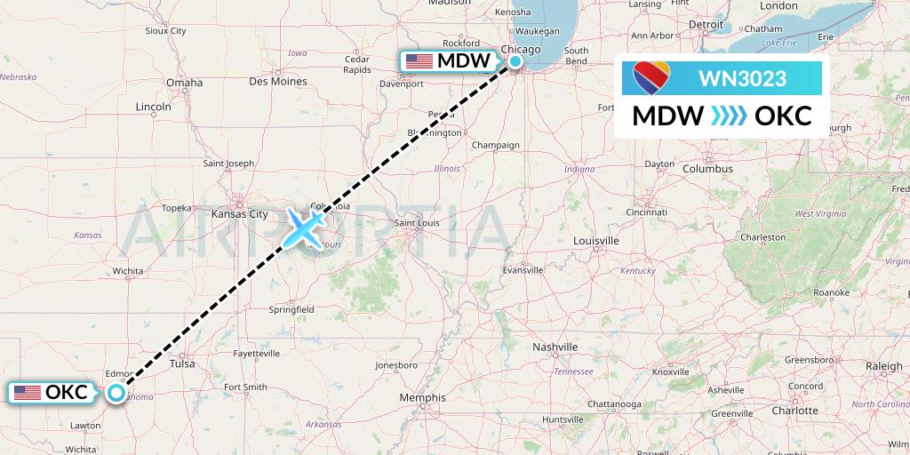 WN3023 Southwest Airlines Flight Map: Chicago to Oklahoma City