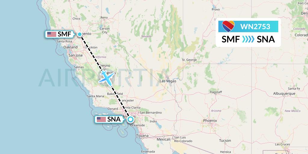 WN2753 Southwest Airlines Flight Map: Sacramento to Orange County