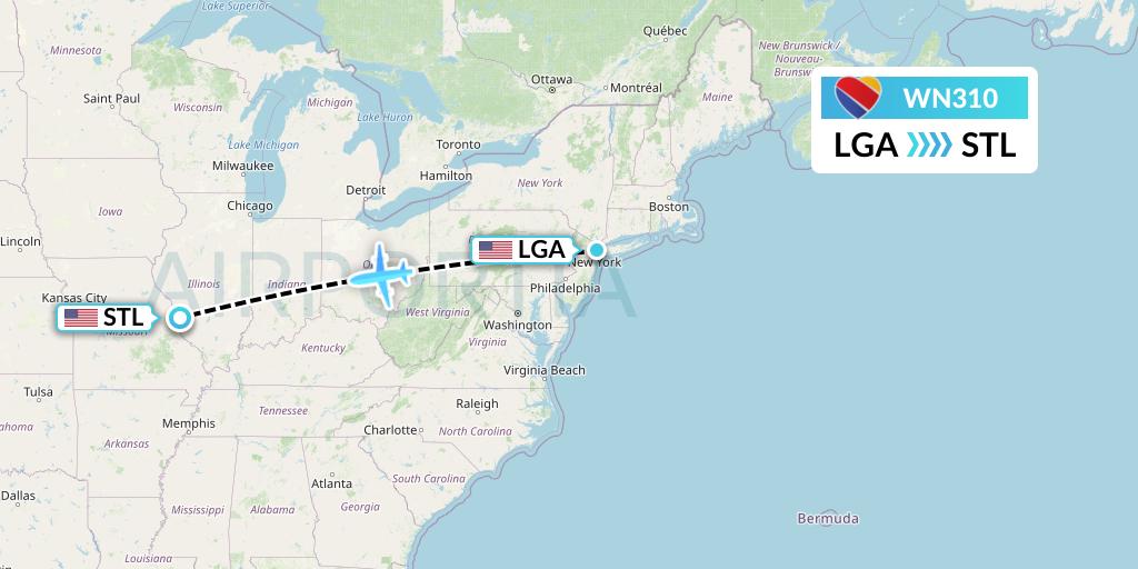 WN310 Southwest Airlines Flight Map: New York to St. Louis