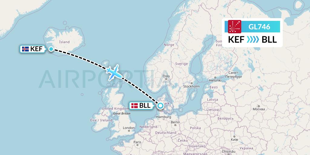 GL746 Air Greenland Flight Map: Reykjavik to Billund