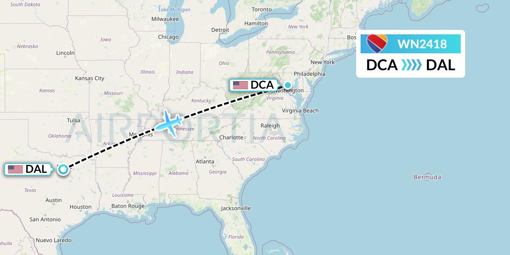 WN2418 Southwest Airlines Flight Map: Washington to Dallas